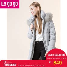 Lagogo2017冬季新款宽松连帽长袖羽绒服女装加厚中长款过膝外套图片