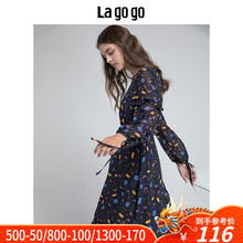 Lagogo2018秋季新款裙子时尚中长款高腰碎花雪纺优雅印花连衣裙女