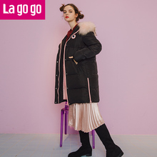 Lagogo2017秋冬新款毛领黑色羽绒服中长款连帽加厚外套女装韩版潮图片