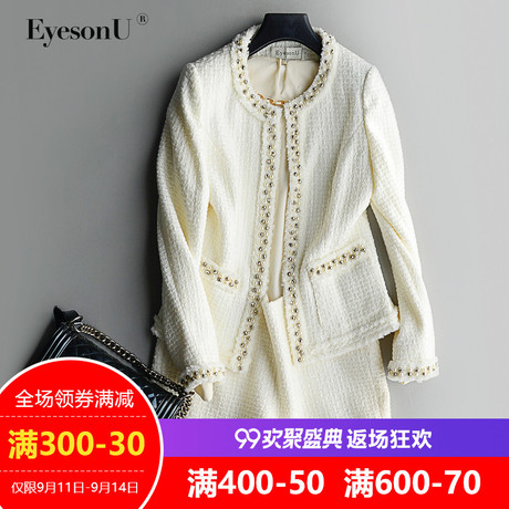 EyesonU春秋新款女装韩版修身羊毛外套女 小香风钉珠毛呢外套商品大图