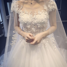 婚纱2018新款拖尾公主梦幻新娘一字肩婚纱欧美齐地显瘦轻婚纱森系
