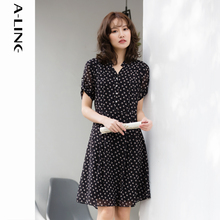 Aline/阿莱2019夏新款优雅V领雪纺连衣裙女 高腰显瘦复古碎花长裙
