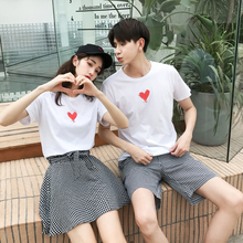 茵茵情侣装夏季套装2019新款爱心短袖T恤女宽松半袖衣裙套装男裤