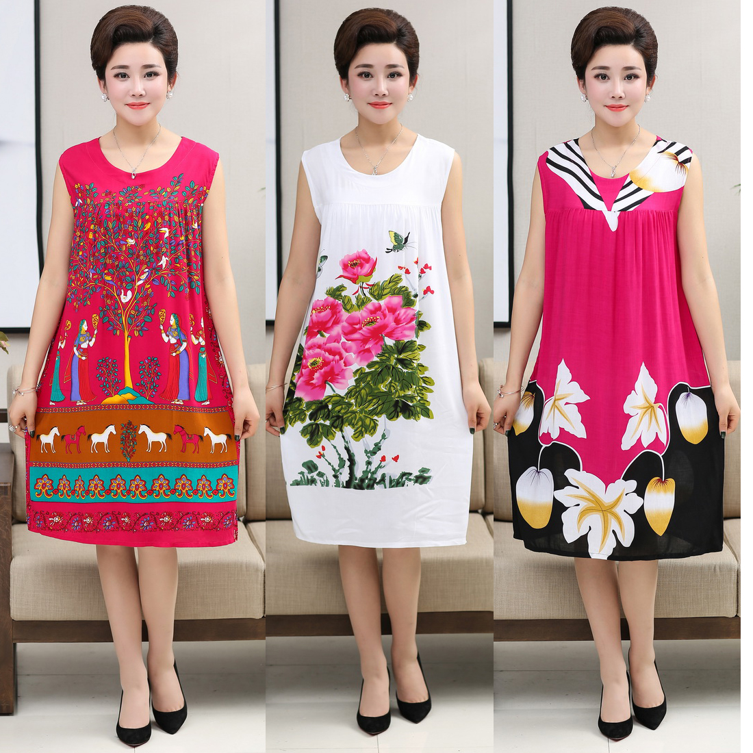 中年女夏大码睡裙妈妈装纯棉连身裙加肥加大女