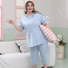 夏季女士纯棉水果V领七分裤加肥加大胖mm大码睡衣200斤家居服套装