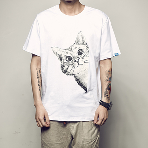 男道夏装新款日系卡通小猫印花T恤