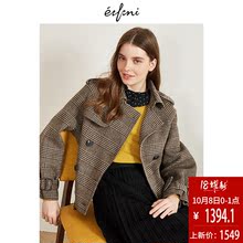 伊芙丽2018冬装新款韩版复古格子双排扣毛呢外套宽松双面呢大衣女图片