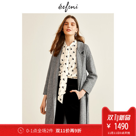 伊芙丽2018冬装新款复古毛呢外套女宽松翻领中长款羊毛双面呢大衣商品大图