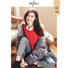 何穗同款伊芙丽2018冬装新款宽松大毛领复古丝绒连帽羽绒服女外套图片