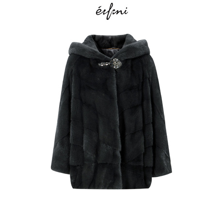 预售伊芙丽2018冬装新款毛毛连帽中长款真皮草100%水貂毛外套女商品大图