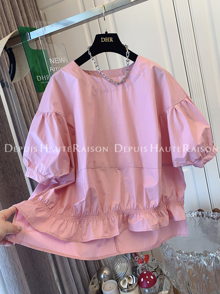 DHR 独特超好看法式泡泡袖褶皱短袖棉布衬衫宽松上衣女韩版小个子