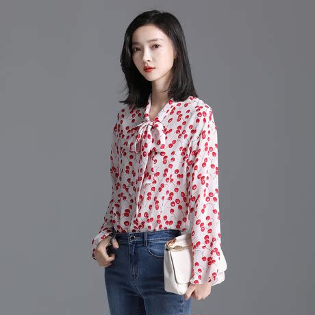 索菲丝尔2018秋季新款时尚百搭显瘦印花桑蚕丝领口飘带优雅女衬衫商品大图