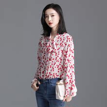 索菲丝尔2018秋季新款时尚百搭显瘦印花桑蚕丝领口飘带优雅女衬衫图片