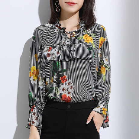 索菲丝尔2018秋季女装新款花色衬衫女长袖喇叭袖韩版显瘦系带上衣商品大图