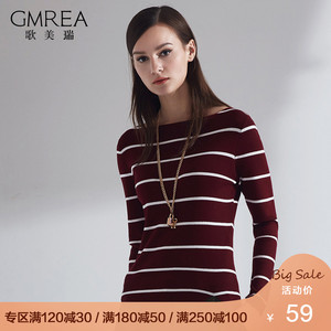 2019歌美瑞女装长款气质休闲百搭修身圆领公主袖条纹套头毛衣