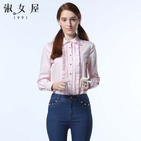 淑女屋2018年冬季新款短款荷叶领修身柔软上衣商品大图