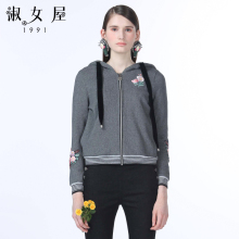 淑女屋2018年秋季新款100%修身柔软深灰色绣花开衫图片