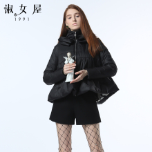 淑女屋2018年冬季新款100%聚酯纤维褶皱黑色短款棉服图片