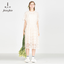 淑女屋2018夏装新款网纱绣花圆领短袖高腰连衣裙杏色纱裙仙女裙子图片