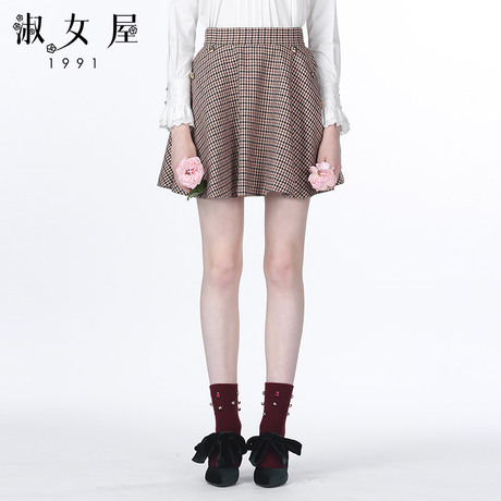 淑女屋2018秋款千鸟格半身裙卡其色学院风商品大图