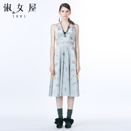 淑女屋压褶吊带金丝绒连衣裙女2018新款秋中长款港味复古chic裙子商品大图