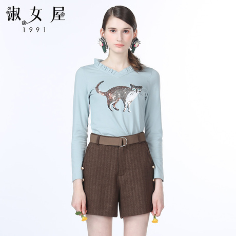 淑女屋2018年秋季新款亮片动物图案长袖100%棉针织衫商品大图