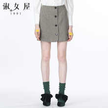 淑女屋2018年秋季新款修身柔软军绿千鸟格毛料短裙图片