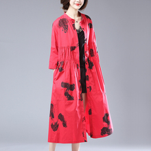 薄款 外套 过膝七分袖 新款 宽松抽褶印花红色风衣女长款 韩版 2019春装