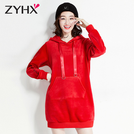 自由呼吸金丝绒卫衣女2018新款秋冬长袖修身上衣连帽加厚加绒外套商品大图