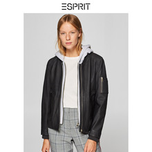 ESPRIT EDC女装秋新款字母连帽羊皮革夹克皮衣外套女-088CC1G030图片
