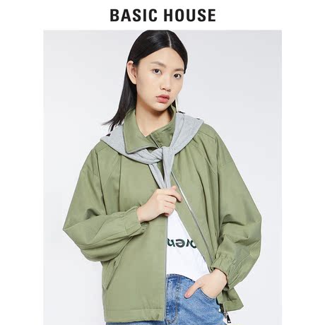 Basic House/百家好2018秋冬新款外套休闲军绿色长袖风衣HSJP621A商品大图