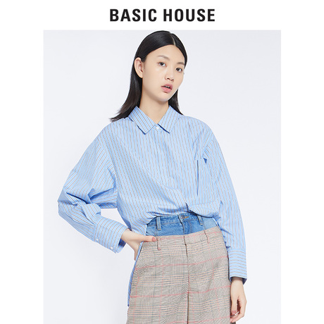 Basic House/百家好2018秋季新款长袖宽松V领条纹衬衫女HSWS521A商品大图
