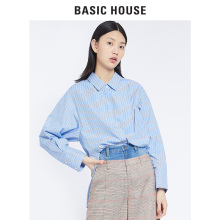 Basic House/百家好2018秋季新款长袖宽松V领条纹衬衫女HSWS521A图片