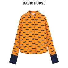 Basic House/百家好韩版立领印花时髦拼接长袖衬衫女HQBL721A图片