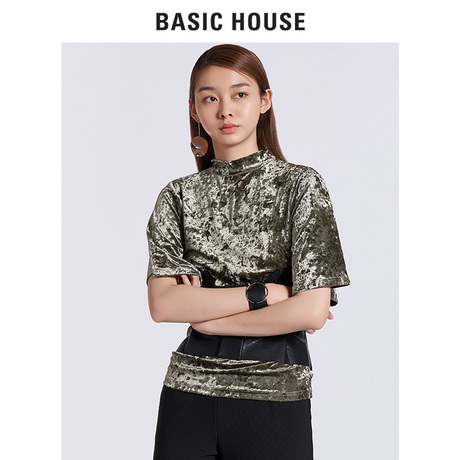 Basic House/百家好秋冬流行衬衫休闲圆领纯色短袖衬衣女HRBL720D商品大图