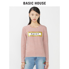 Basic House/百家好秋冬打底T恤女韩版条纹图案圆领长袖HQTS721A图片