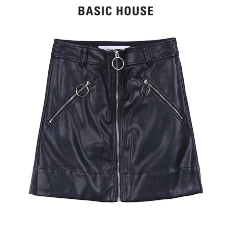 Basic House/百家好冬季皮裙短裙拉链性感半身短裙性感HRSK720H商品大图