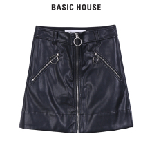 Basic House/百家好冬季皮裙短裙拉链性感半身短裙性感HRSK720H图片