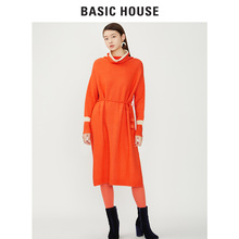 Basic House/百家好2018冬季新款收腰高领拼色毛衣连衣裙HSKT728K图片