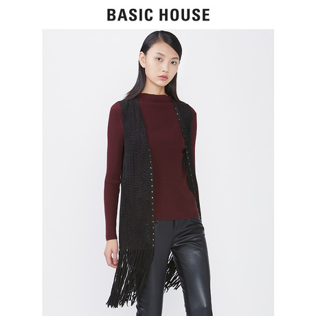 Basic House/百家好秋冬款中短款流苏背心无袖V领马甲女HQVT720C商品大图