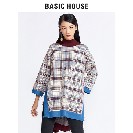 Basic House/百家好冬季新款格纹拼色开叉中袖T恤女HRKT721L商品大图