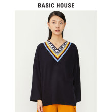 Basic House/百家好2018冬季新款V领条纹时髦针织毛衣女HSKT721C图片