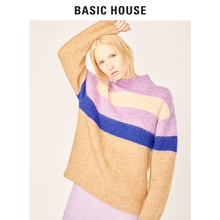 Basic House/百家好冬季新款拼色高领长袖宽松针织衫毛衣HSKT721N图片