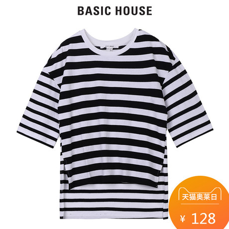 Basic House/百家好新款圆领短袖T恤条纹印花短袖上衣女HQTS525D商品大图