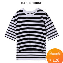 Basic House/百家好新款圆领短袖T恤条纹印花短袖上衣女HQTS525D图片