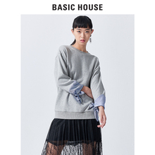 Basic House/百家好2018春秋款卫衣 直筒拼接衬衫袖T恤女HSTS124B图片