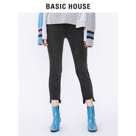 Basic House/百家好18秋冬新品加厚直筒裤子女棉弹牛仔布HSDP721E商品大图