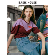 Basic House/百家好2018夏秋新款拼接个性七分短袖T恤女HSTS521G图片