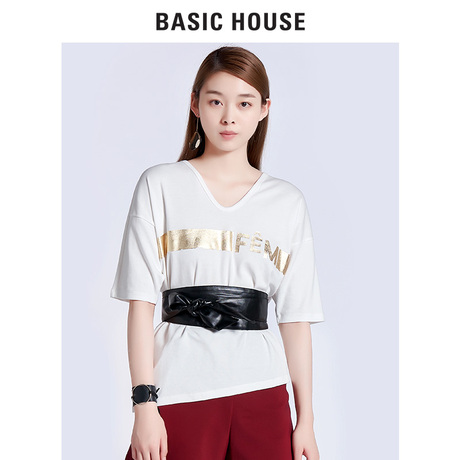 Basic House/百家好商场同款修身圆领短袖棉质五分袖衬衫HRTS521H商品大图