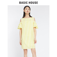 Basic House/百家好2018夏新款露肩中短款连衣裙女装韩版HSOP327B图片
